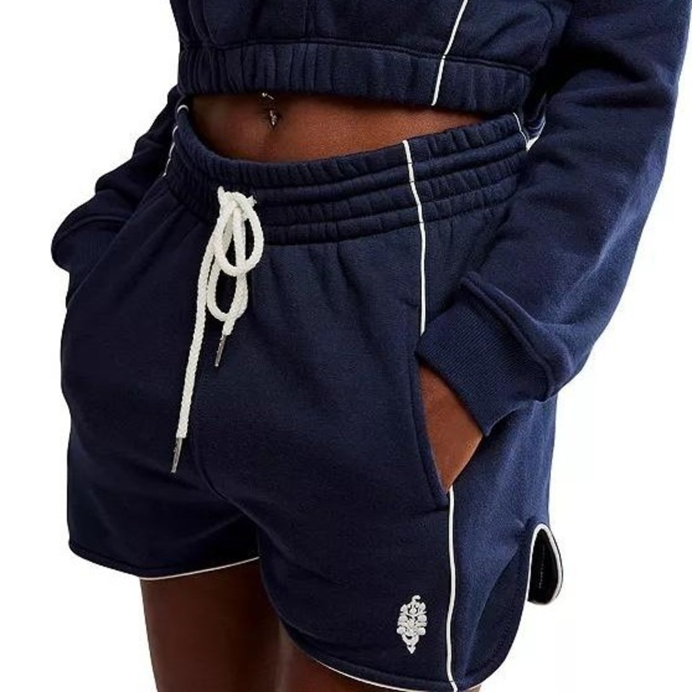 FP Movement Sweat Shorts Womens S Navy Blue Free People Embroidered High Rise